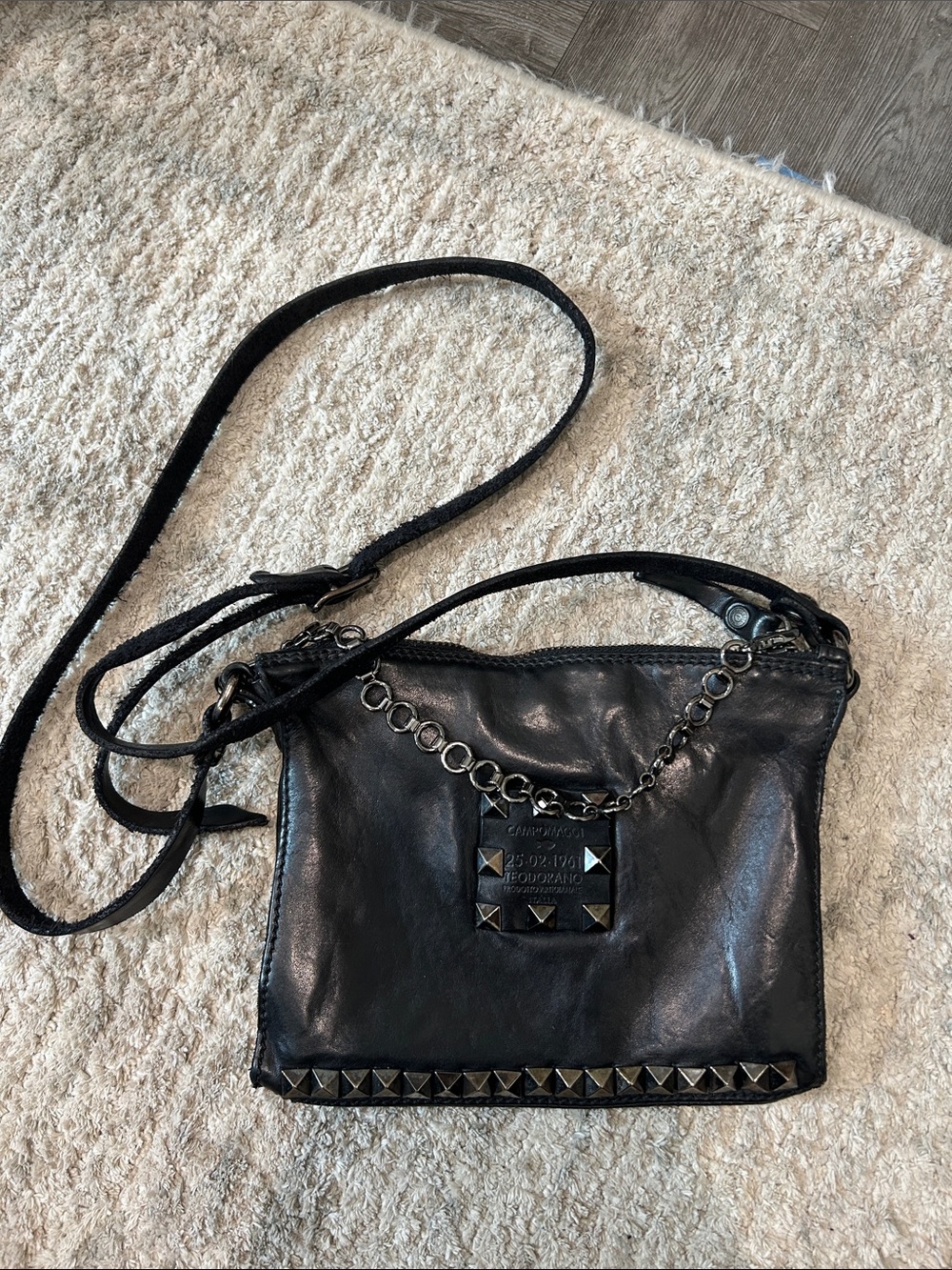 Campomaggi Black Leather Studded Crossbody Bag